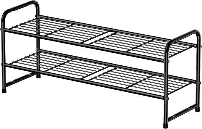 2 Tier Shoe Rack, Shoe Organizer Sturdy Metal for Entryway, Garage, Shoe Shelf Stand for Small Space, Stackable, Black