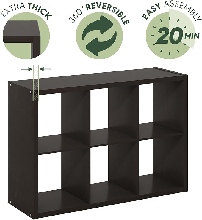 Furinno Cubicle Book Shelf, 6-Cube Bookshelf, Extra Thick Frame Horizontally & Vertically Reversible Bookcase with Open Back,