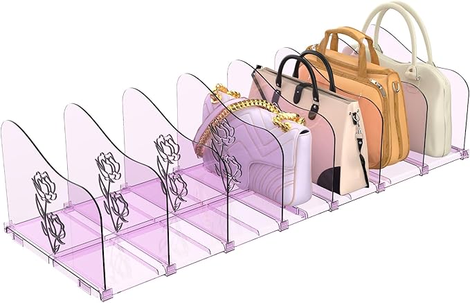SURETIVIAN Rose Purse Dividers for Closet, 2 Pack Clear Clutch Purse Closet Organizers, Adjustable Handbag Storage Organizers