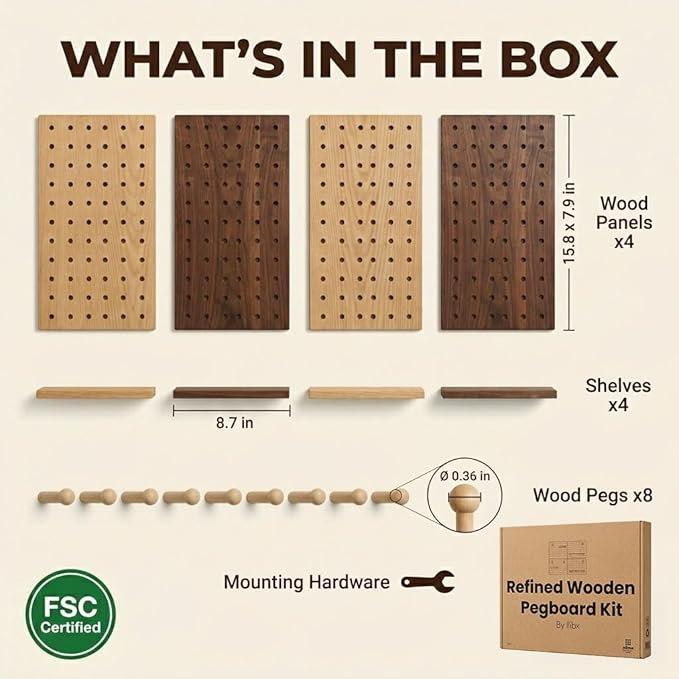 Wooden Pegboard Wall Organizer Kit – Modern Natural Wood Peg Board with Shelves & Hooks – 2 Tone Brown & Oak Premium Wooden P