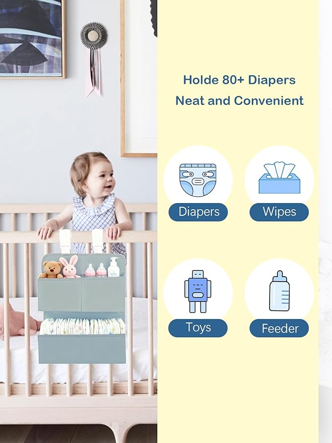 Hanging Diaper Organizer for Bassinet/Crib/Playpen/Playard – Hold 80+ Diapers - Changing Table Diaper Holder Attachment Acces