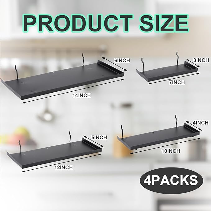 Lineshading 4 Pcs Pegboard Shelves, 7X 3'', 10 x 4'', 12 x 5 Inch, 14 x 6 Inch Metal Shelf Brackets Pegboard Tray Accessories