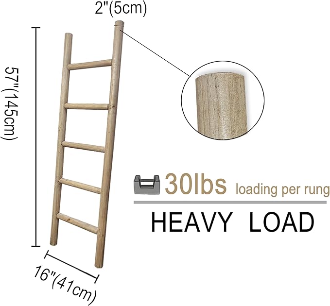 Wooden Blanket Ladder - 57in Natural Wood Color- Leaning Wall Decor for Bedroom, Bathroom, Living Room - Rustic Quilt Holder 
