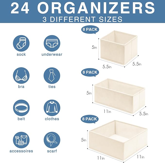 Criusia Drawer Organizer Clothes, 24 Pack Dresser Organizer Bins for Nursery Bedroom, Closet Organization and Storage Divider