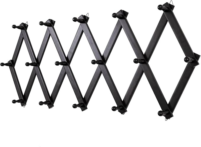 SCUNDA Accordion Wall Hanger with 16 Hooks, Wooden Wall Expandable Coat Rack for Coat, Hats, Baseball Caps, Coffee Mug, Jewel