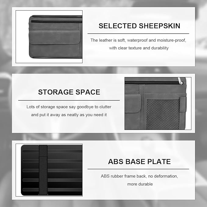 Car Sun Visor Organizer, Soft Leather Auto Sunshade Glasses Storage Bag with Multi-Pocket Net Zipper, Scratch-Resistant Vehicle Visor Pocket Eyeglasses Case Note Holder (Gray)