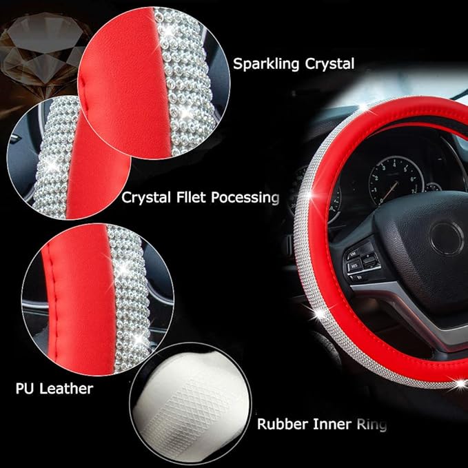 New Diamond Leather Steering Wheel Cover with Bling Bling Crystal Rhinestones, Universal Fit 15 Inch Car Wheel Protector for 