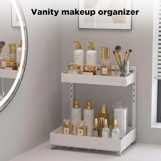 Under Sink Organizer, Bathroom Counter Organizer, 2 Pack 2 Tier L-Shape White, Adjustable Height Carbon Steel, Under Cabinet 