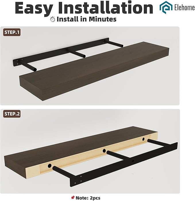 Floating Shelves Board for Wall with Brackets –42" L x 8" W x 2" T Rich Walnut Melamine Wood Floating Shelves for Bathroom, K