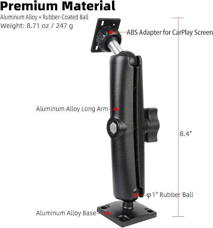 Heavy-Duty Truck Dash Mount for CarPlay Screen, Aluminum Alloy Long Arm & AMPS Square Plate Base, 360° Rotation