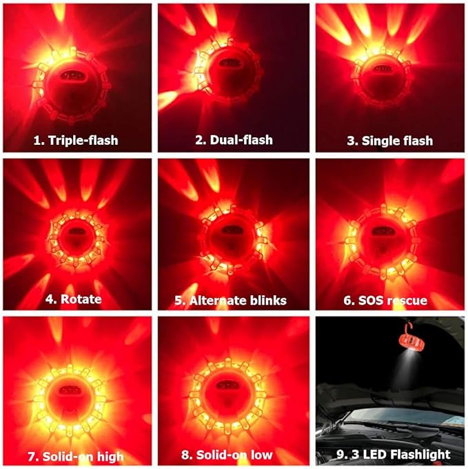 USB Rechargeable LED Road Flares Emergency Lights-Roadside Warning Car Safety Beacon Flashing Disc Flare Kit with Magnetic Ba