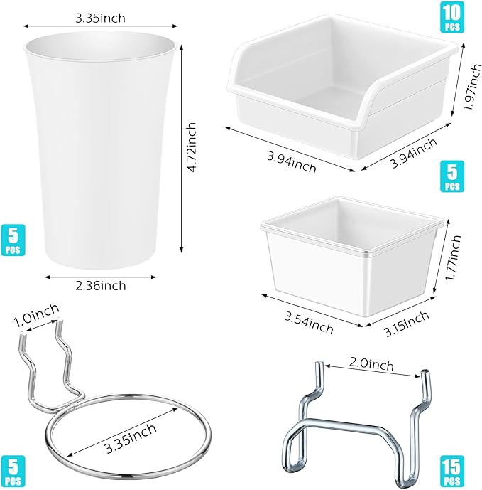 Yookeer 20 Pcs Pegboard Bins and Cups with Hooks and Loops Peg Assortment Organizer Accessories Various Tool Organizer Pegboa