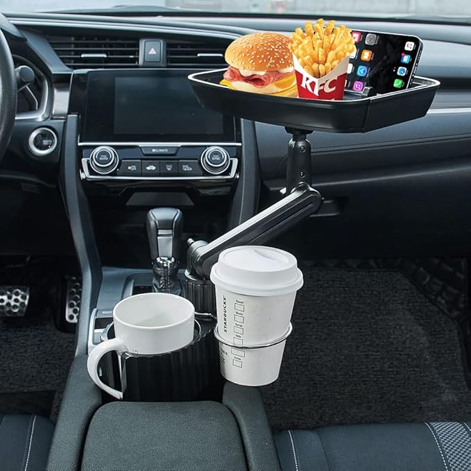 JSCARLIFE Car Cup Holder Expander with Detachable Tray, Multifunctional Car Food Tray Table, Travel Trip Accessories Large Water Bottle Holder