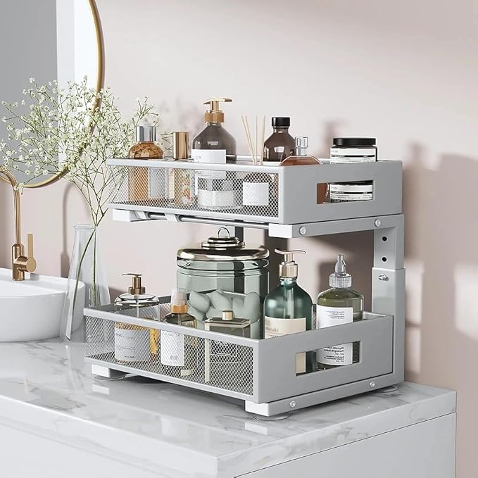 Under Sink Organizer, 2-Tier Dual Pull Out Cabinet Organizer Drawers With Smooth Circular Rail,Large Capacity Metal Mesh Slid
