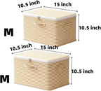 Foldable Storage Containers, Beige Striped Fabric Boxes with Lids, Stackable Closet Organizer Bins for Bedroom, Clothing Stor