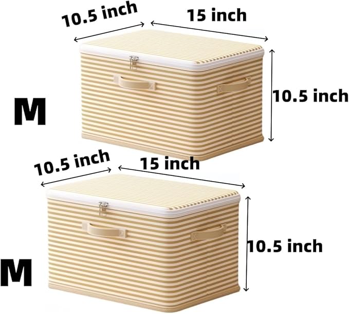 Foldable Storage Containers, Beige Striped Fabric Boxes with Lids, Stackable Closet Organizer Bins for Bedroom, Clothing Stor