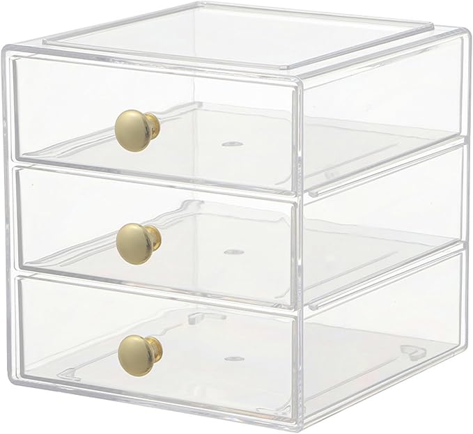 AJIODA Makeup Drawer Organizer Box with 3 Drawers, Acrylic Cosmetic Display Case Vanity Organizer Jewelry Storage Box Stackab