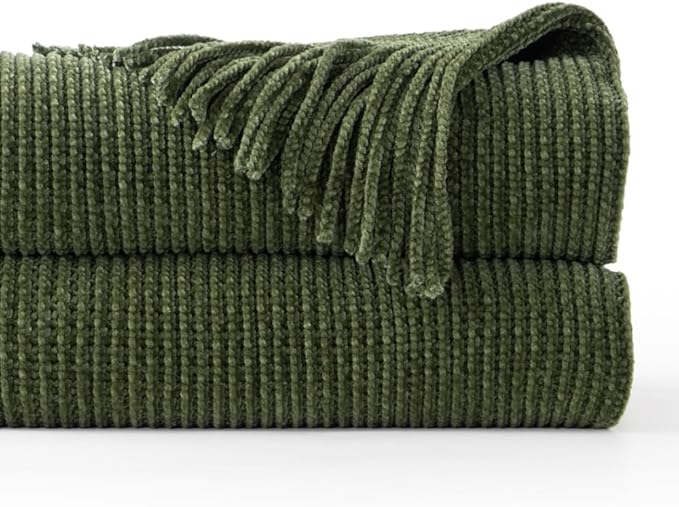BATTILO HOME Olive Green Throw Blanket for Couch, Soft Chenille Knit Throws with Tassels for Home Decor, Green Blankets and T