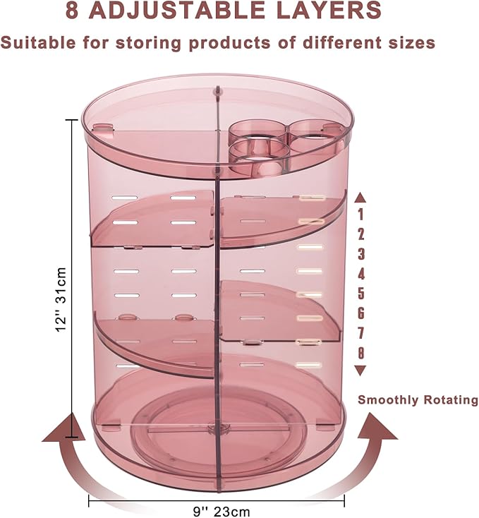 Rotating Makeup Organizer, DIY 8 Adjustable Layers 360 Spinning Skincare Organizers, Makeup Storage Carousel Tower with Brush