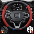 Customized Steering Wheel Cover Compatible with Honda, Nappa Leather & Carbon Fiber Design Car Steering Wheel Cover, with Coasters and 3-in-1 USB Fast Charging Cable (Red)