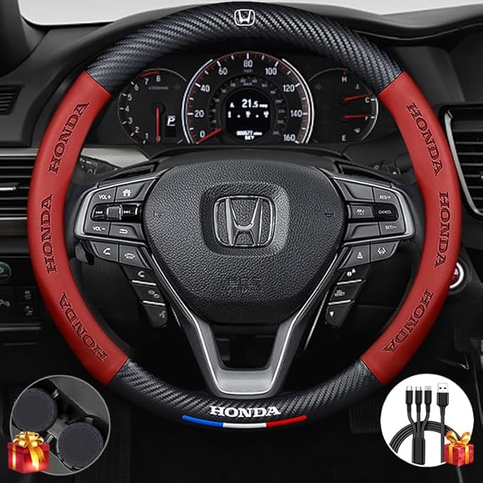 Customized Steering Wheel Cover Compatible with Honda, Nappa Leather & Carbon Fiber Design Car Steering Wheel Cover, with Coasters and 3-in-1 USB Fast Charging Cable (Red)
