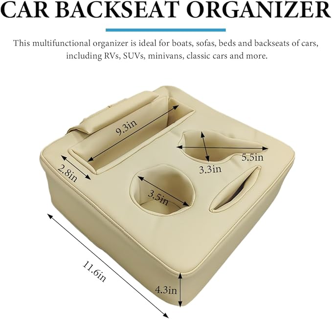 Car Back Seat Organizer, Leather Automotive Rear Seat Couch Cup Holder Expander Tray, Vehicle Cup Holder Tray Holds Snacks Remotes Phones for Truck RV Boat Couch Pillow Bed (Beige)