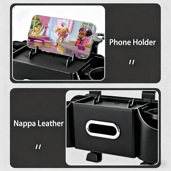 Back Seat Car Organizer, 4-in-1 Multifunctional Storage Box with Cup Holder & Tissue Holder, Premium Leather Adjustable Seat Back Organizer for Phone, Snacks, Purse for SUV Minivan Travel (Black)