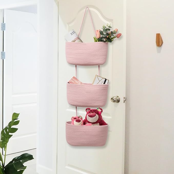 TeoKJ Over the Door Hanging Basket, 3-Tier Woven Cotton Wall-Mounted Storage Organizer Bag Decorative Hanging Nursery Baskets