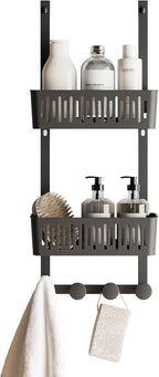 Zenna Home SnugFit Over the Door Caddy Organizer with 2 Storage Baskets and 4 Hooks, Over Door Hanging Organizer for Bathroom