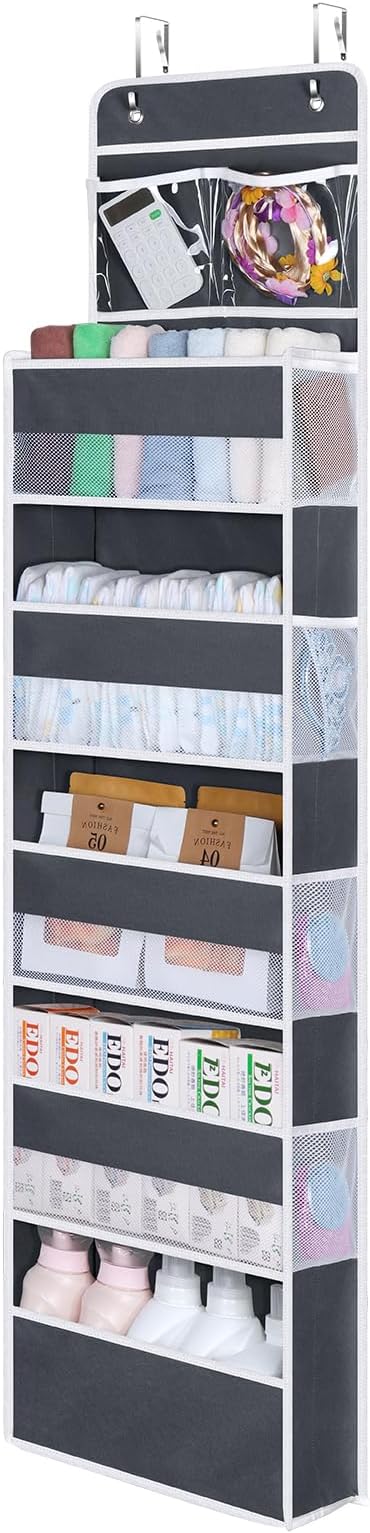 Univivi Over The Door Organizer, 6 Shelf Door Hanging Organizer Nursery Door Storage with PVC Pockets 8 Side Pockets for Bath