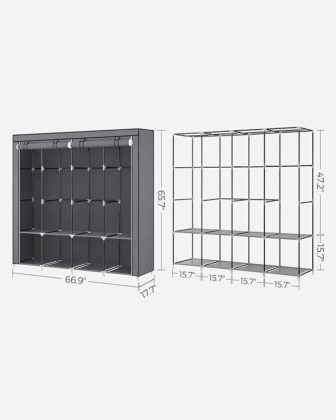 SONGMICS Portable Closet, Wardrobe Closet Organizer with Cover, 4 Hanging Rods and Shelves, 4 Side Pockets, 66.9 x 17.7 x 65.