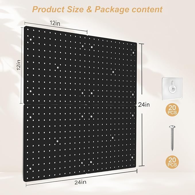 FZK PegBoard, 4 Pack Peg Board 12 * 12inch, Pegboard Wall Organizer, ABS Peg Board for Walls, Black Plastic pegboard, Suitabl