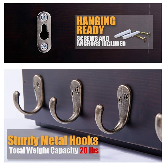 Flintar Wall Mount Key and Mail Holder with 4 Hooks. Made in Taiwan, Solid Wood. Use as Key Rack, Entryway or Mudroom Organiz