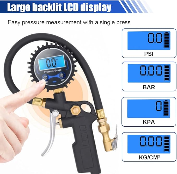 Digital Tire Pressure Gauge with Inflator - 250 PSI Heavy Duty Tire Inflator with Gauge & Quick Connect Coupler - Car Tire Air Chuck and Compressor Accessories - 0.1 Display Resolution (1 Pack)