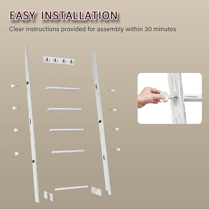 REFGY Blanket Ladder for Living Room, 5-Tier Wooden Blanket Ladder, 5.3Ft Wall Leaning Quilt Ladder for Bedroom, Rustic Decor