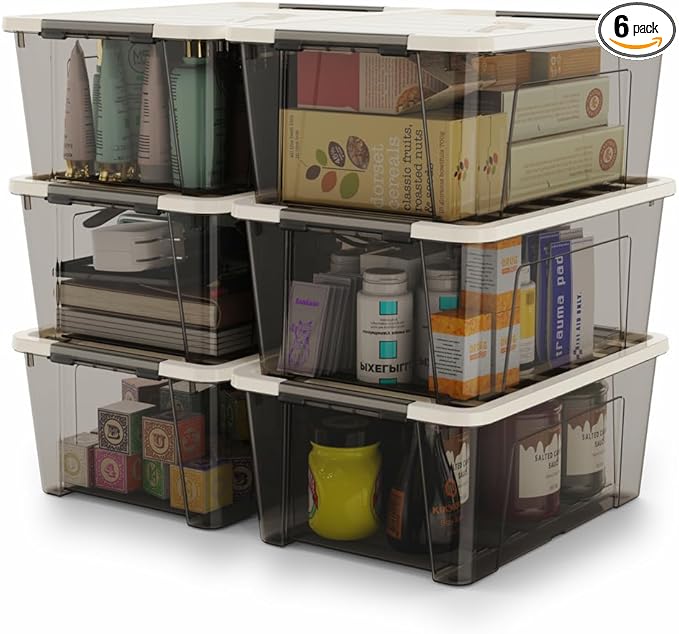 WYT Small Clear 5-Quart Plastic Storage Container Bin with Khaki Secure Lid and Black Latch Buckles, Durable Stackable Nestab