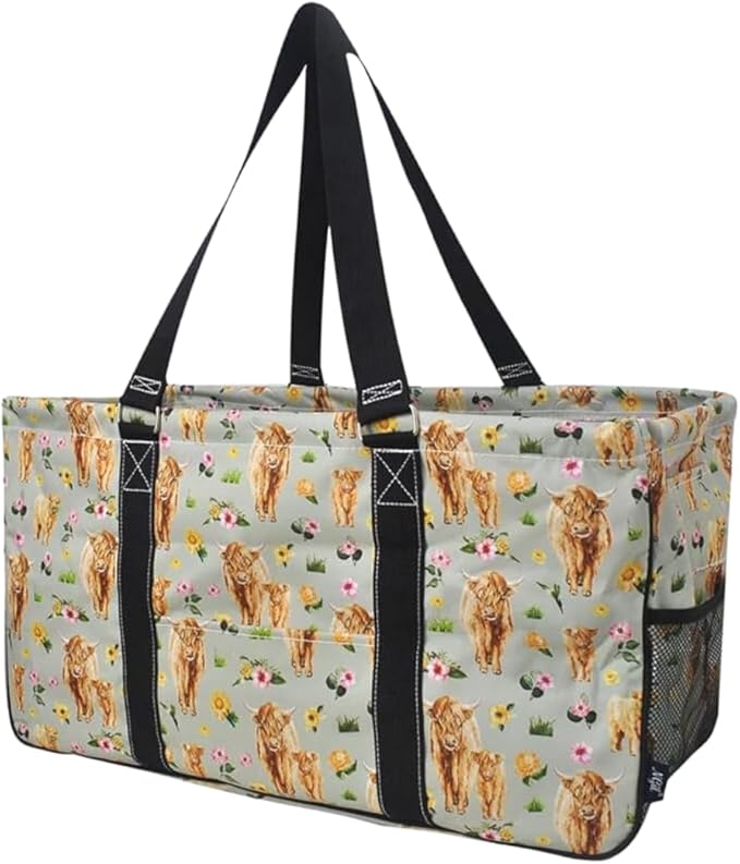 NGIL Extra Large Utility Tote Reusable Grocery Bag Oversized Collapsible for Groceries, Storage, Picnic, Beach (Floral Cow-Black)