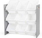 Humble Crew 9-Bin Toy Organizer – Inspire Grey with White Plastic Bins, 3-Tier Storage Solution for Kids' Playrooms and Nurse