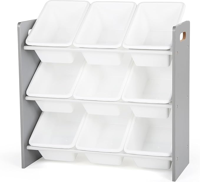 Humble Crew 9-Bin Toy Organizer – Inspire Grey with White Plastic Bins, 3-Tier Storage Solution for Kids' Playrooms and Nurse