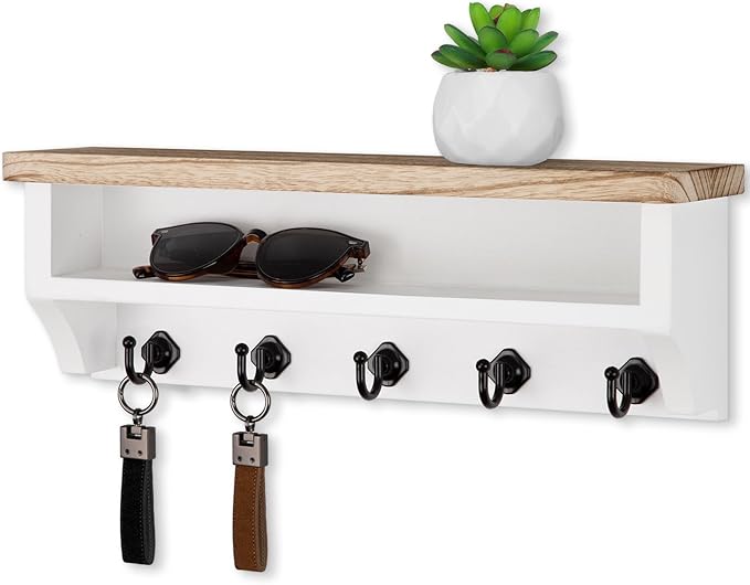 Nekon Key Holder Wall Mount, Wall Organizer Shelf with 5 Key Hooks, Room Decor for Home and Apartment Essentials, Light Brown