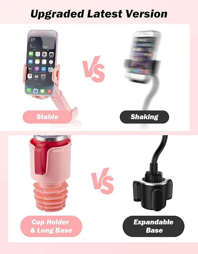 JOYTUTUS Cup Holder Phone Mount for Car, Car Cellphone Large Adapter Long Arm with 360 Degree Rotation, Compatible iPhone, Samsung & All Smartphones,Pink,1 Pack