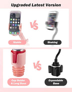 JOYTUTUS Cup Holder Phone Mount for Car, Car Cellphone Large Adapter Long Arm with 360 Degree Rotation, Compatible iPhone, Samsung & All Smartphones,Pink,1 Pack