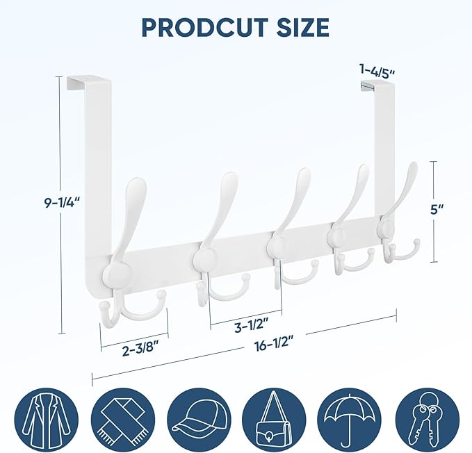 TICONN Over The Door Hooks, 5 Heavy Duty Tri Coat Rack All Metal Coat Hanger for Bathroom Bedroom Dorm (White, 2PK, Fit 1-3/4