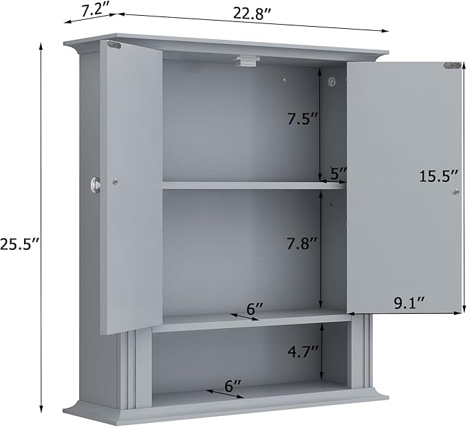 Wall Mounted Bathroom Cabinet Wooden Storage Cabinet with 2 Doors & Adjustable Shelf, Hanging Wall Cabinet Over Toilet, Upper