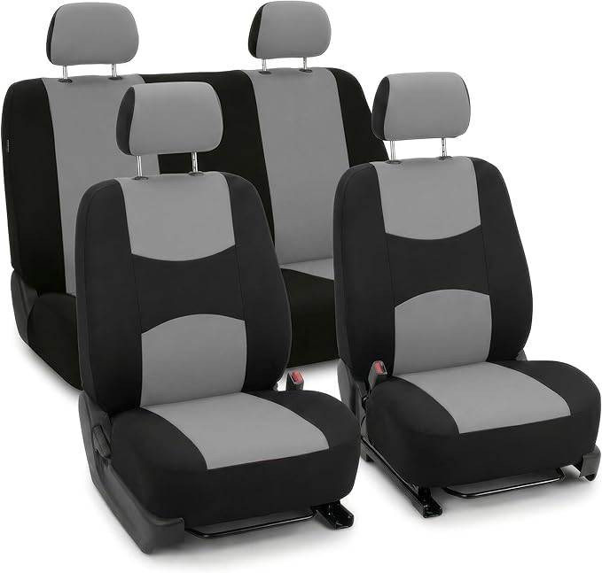 FH Group Bright Flat Cloth Full Set Automotive Seat Covers Front Set and Rear Solid Bench Gray Black Seat Covers w. Gift Univ