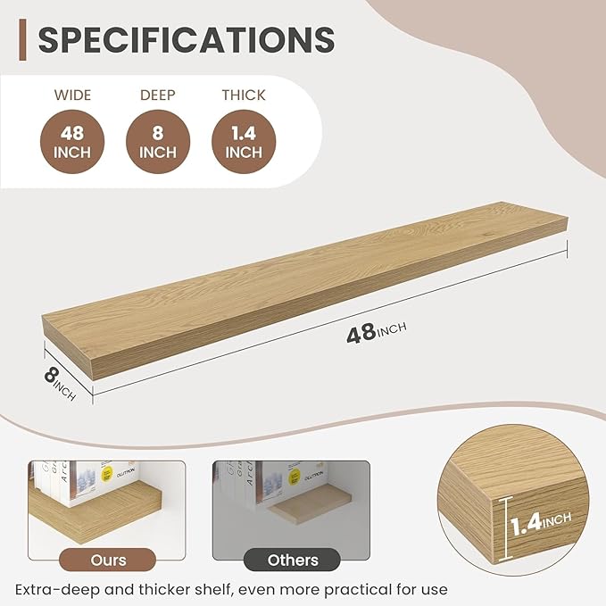 48 Inch Floating Shelves, 8 Inch Deep Floating Shelves for Wall, Hanging Shelf with Invisible Brackets, Deep Shelves for Bath
