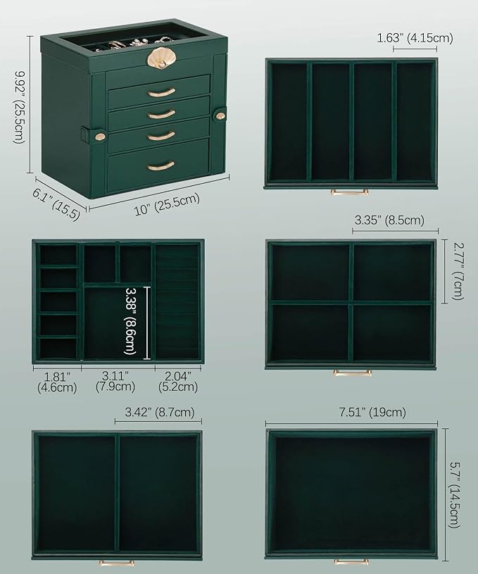 Enthralite Jewelry Box with 4 Drawers: Display Organizer for Earrings Necklaces - Gifts for Girls Women (Forest Green)
