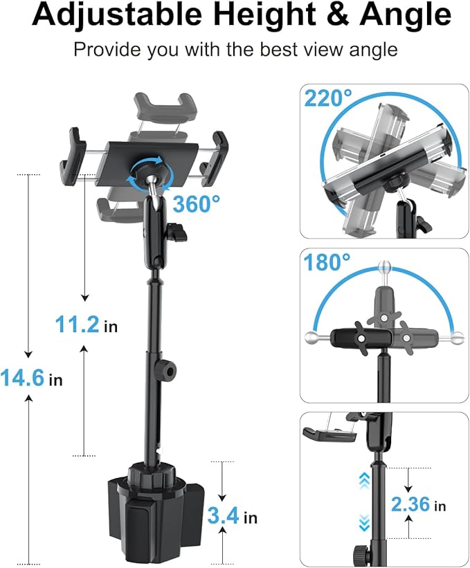 Cup Holder Tablet Mount for Pickup Truck, [Adjustable Height] Metal Long Arm SUV Tablet Mount Heavy Duty, Universal Car Cup Holder for 4-13" iPad Pro Air Mini, Phone, Galaxy Z Fold, Fire HD