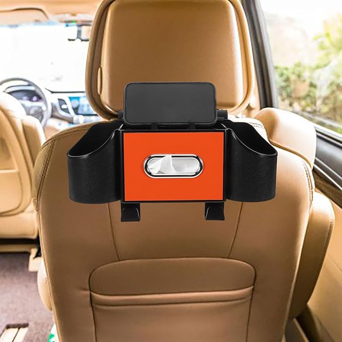 Ciieeo Car Headrest Organizer with Integrated Cup Holder and Tissue Box - Versatile Backseat Storage & Purse Hanger for Vehicle Interior Organization - Fits Most SUV & Sedans (Orange)