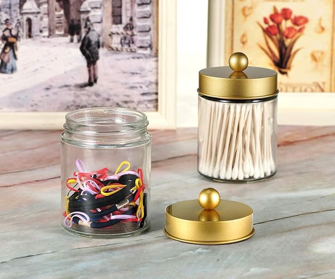 Amolliar 4 Pack Apothecary Jars Bathroom Vanity Storage Organizer Set -Countertop Canister with Stainless Steel Lids &Cute St